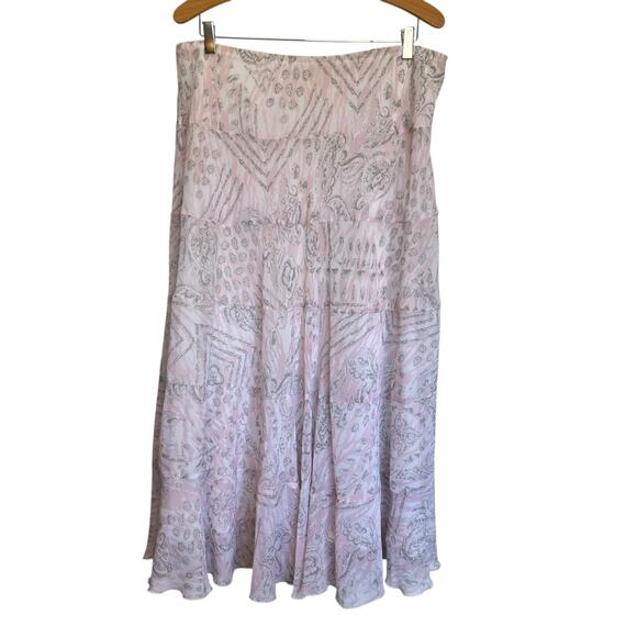 Ruby Rd Chiffon Tiered Midi Skirt Fit Flare Pink Paisley Print Romantic Boho 14 - Picture 1 of 6